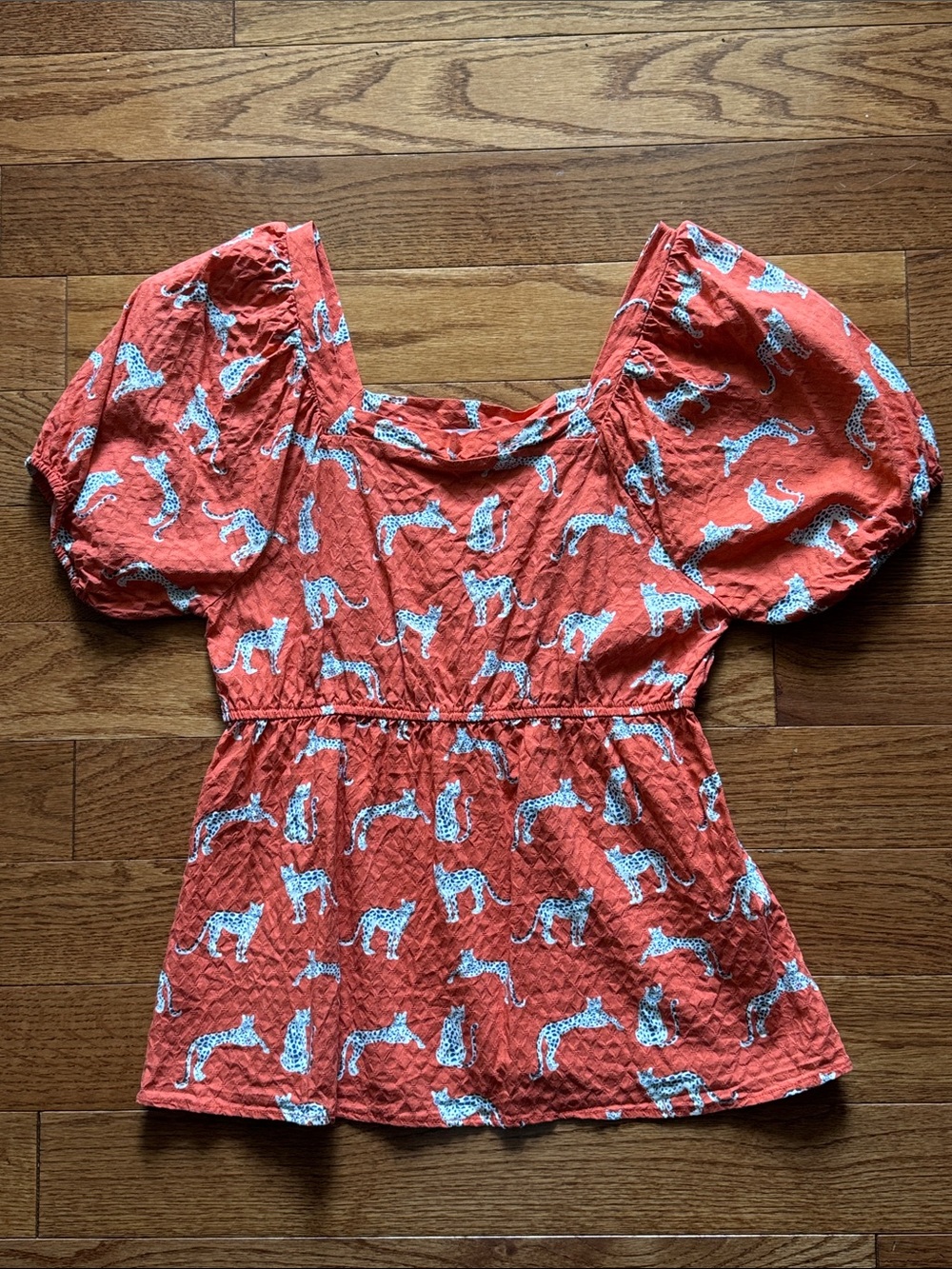 Women's Coral Puff-Sleeve Top with Leopard Print